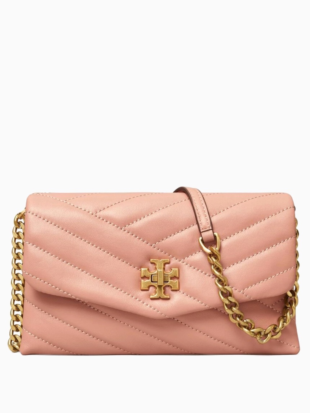 Tory Burch Quilted Kira Chevron Chain Wallet in pink leather crossbody bag